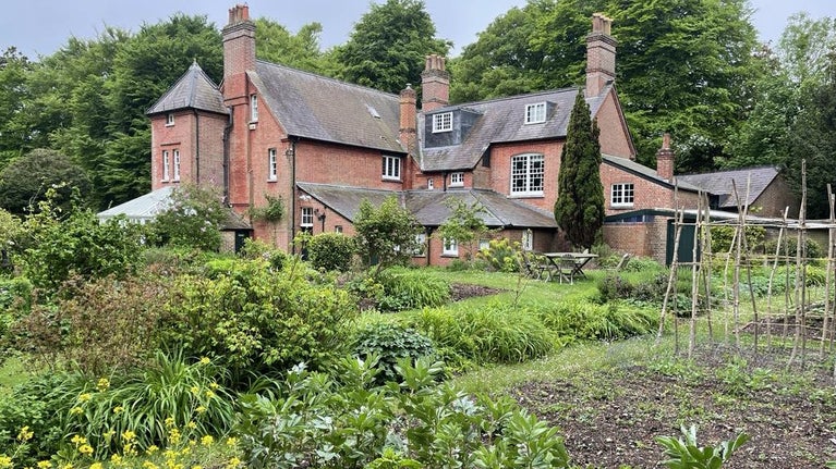 Kitchen Garden green and leafy with red brick Victorian building in the background
